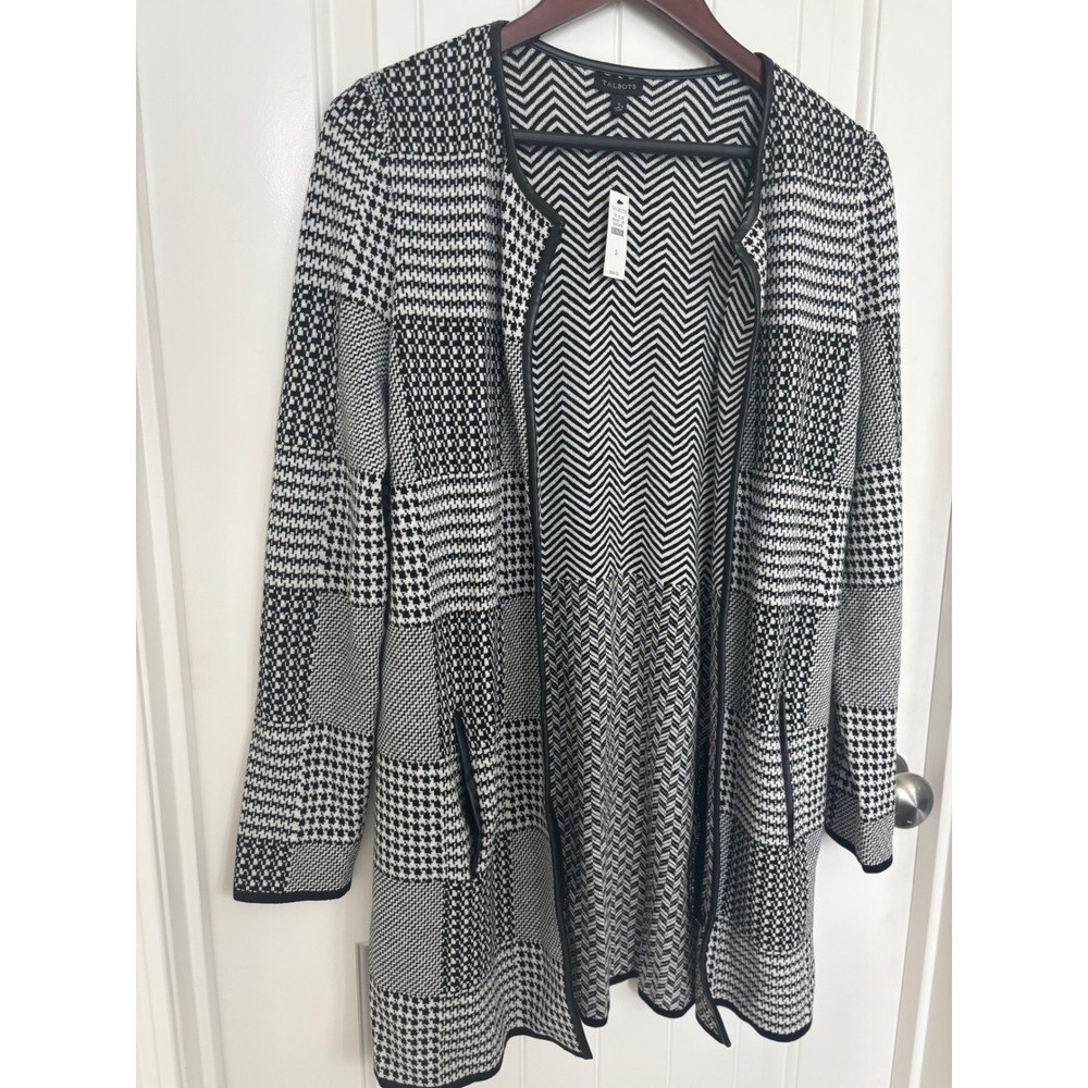 Talbots‎ Houndstooth Cardigan Open Front Patchwork Knit Black White Size S NWT